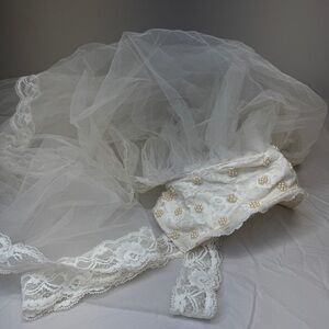Vintage Juliette Cap Wedding Veil w/ Blusher, Lace & Pearls Headpiece Bride